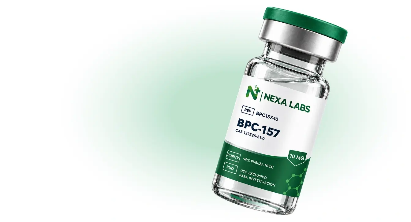 Frasco de BPC-157 de Nexa Labs, 10 mg, sobre fondo blanco